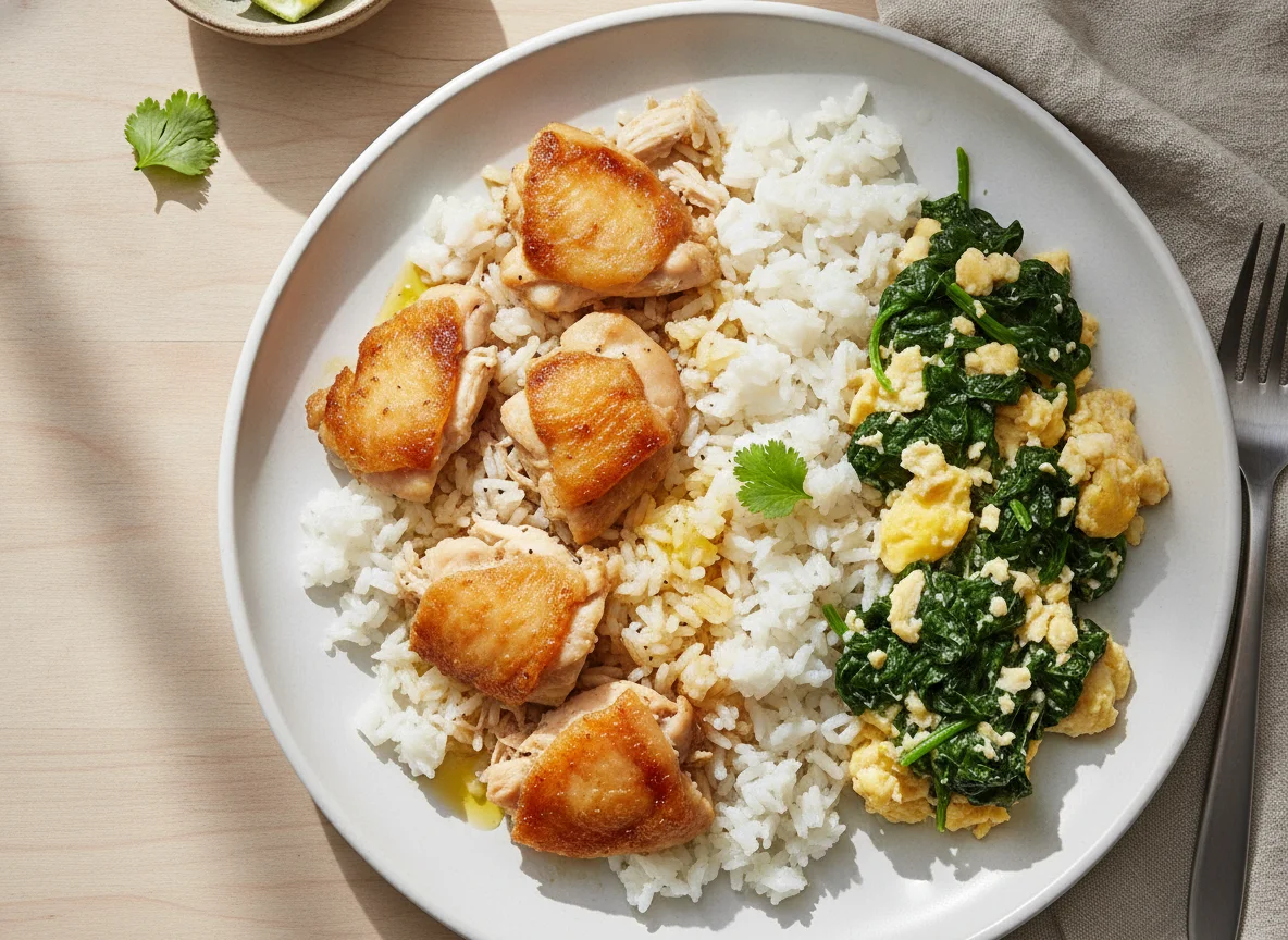 Arroz con pollo y huevos revueltos con espinaca photo