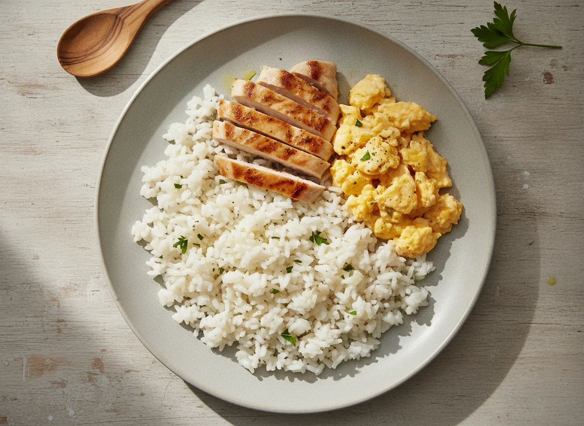 Arroz con pollo y huevos revueltos photo