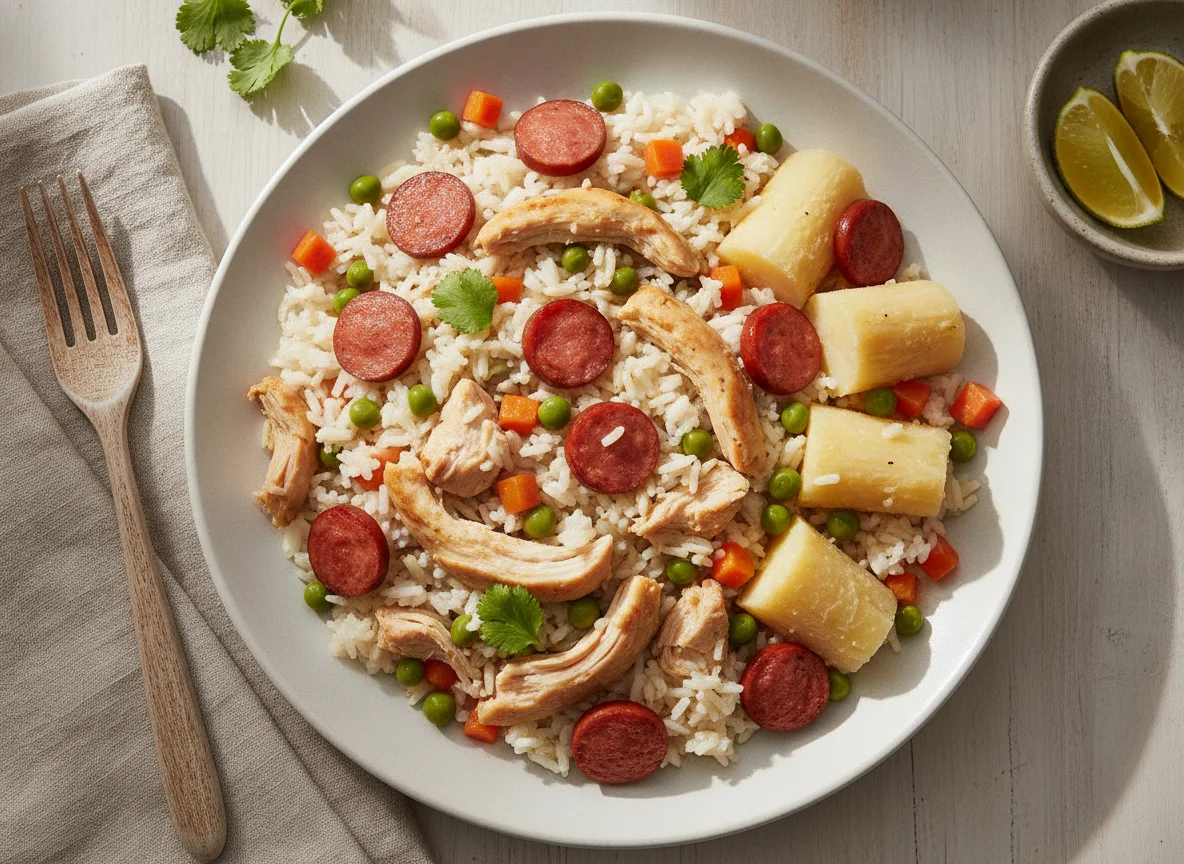 Arroz con pollo y mandioca photo