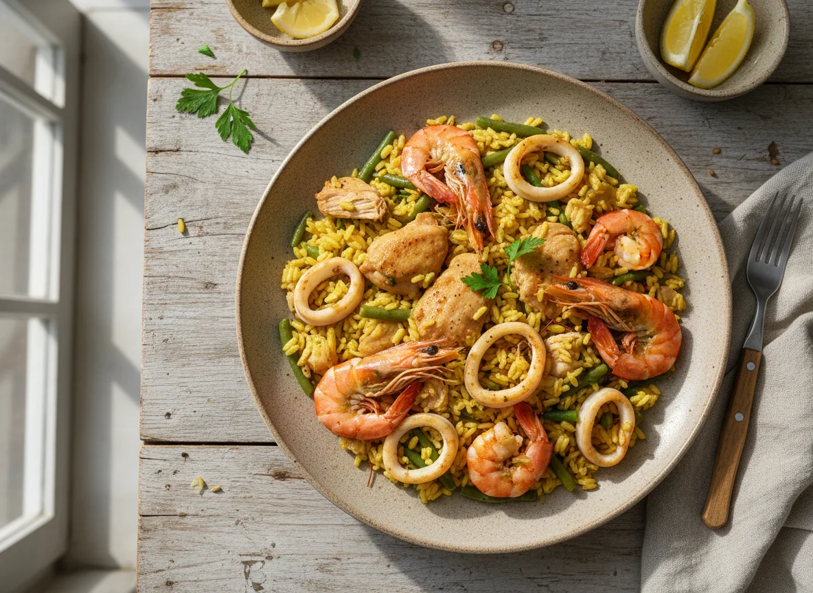 Arroz con pollo y marisco photo