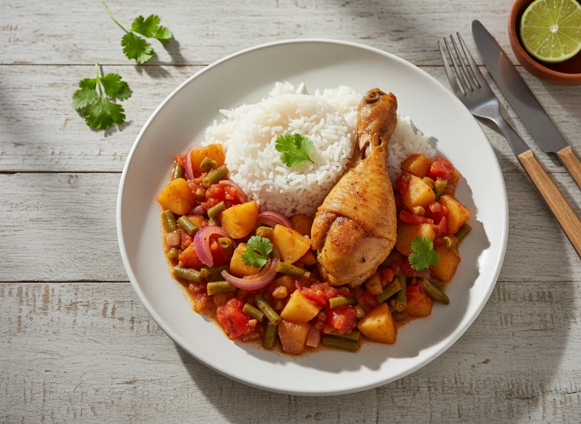 Arroz con pollo y menestra de papas photo