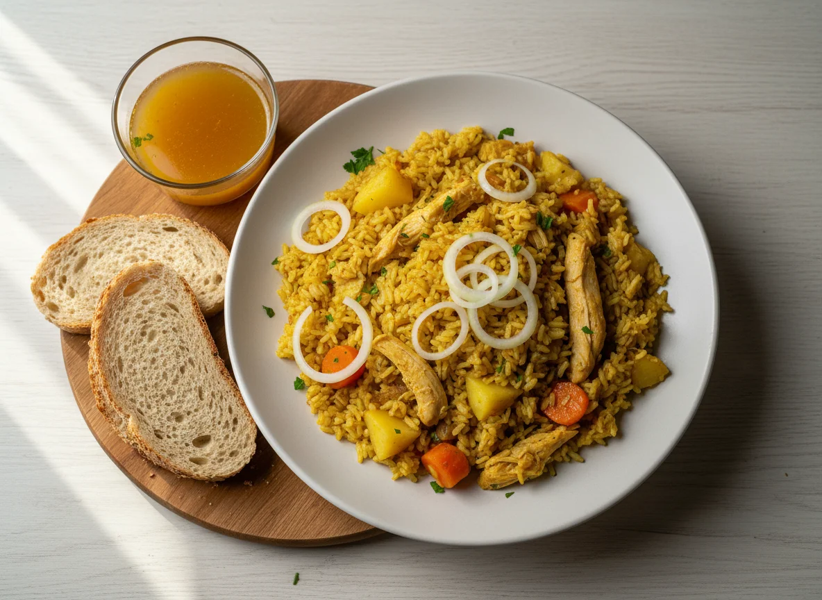 Arroz con pollo y pan integral photo