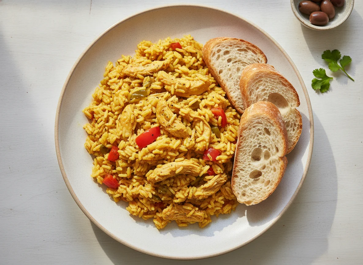 Arroz con pollo y pan photo