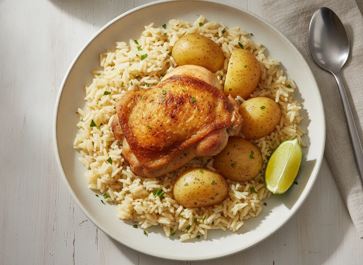 Arroz con pollo y papa photo