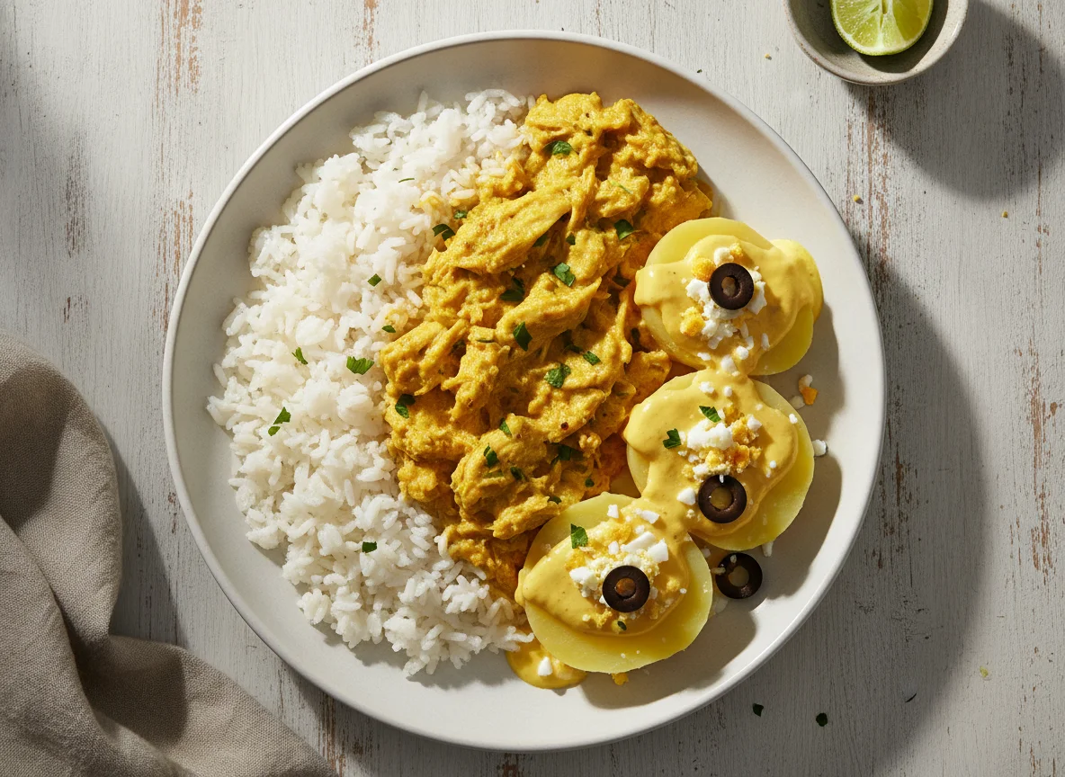 Arroz con Pollo y Papa a la Huancaína photo