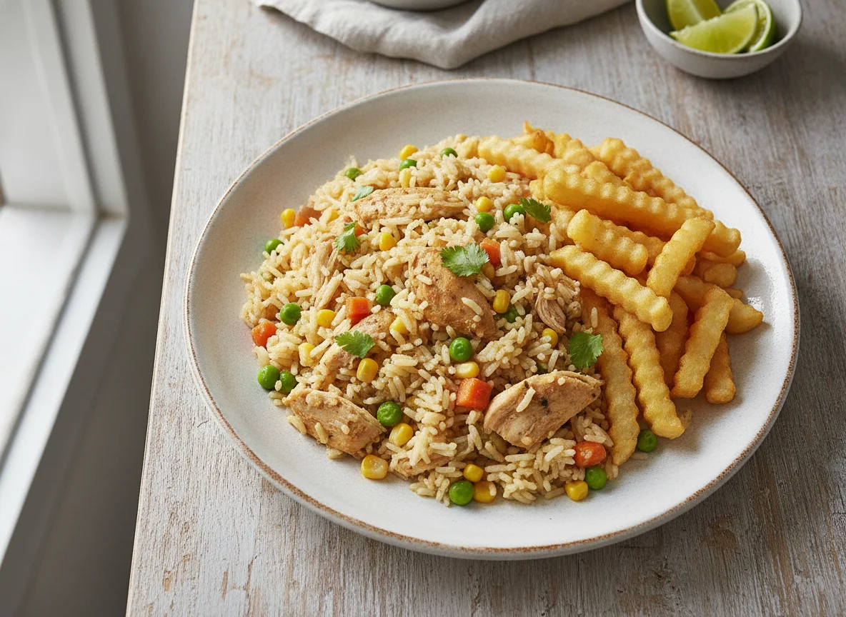 Arroz con pollo y papas fritas photo