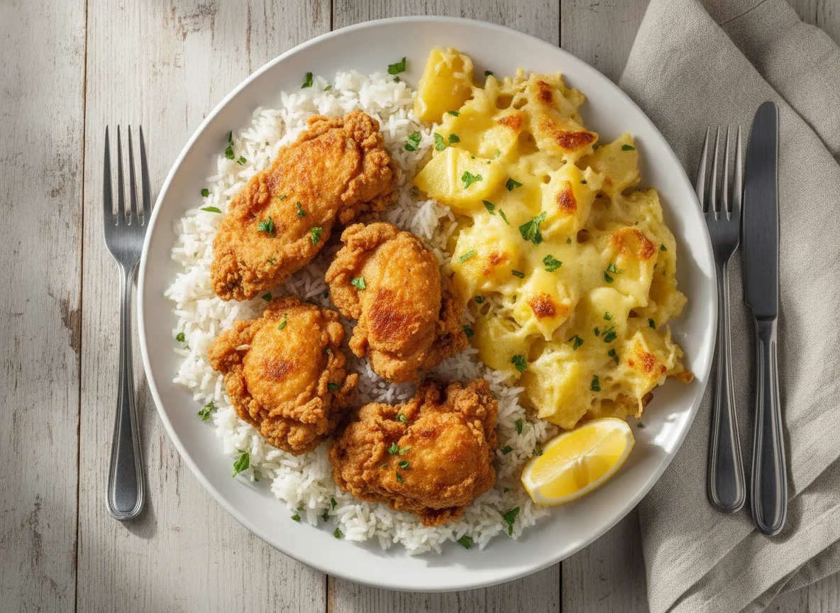 Arroz con pollo y papas gratinadas photo
