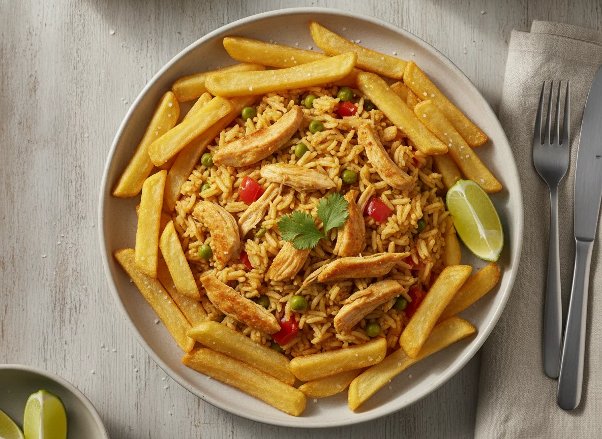 Arroz con pollo y patatas fritas photo