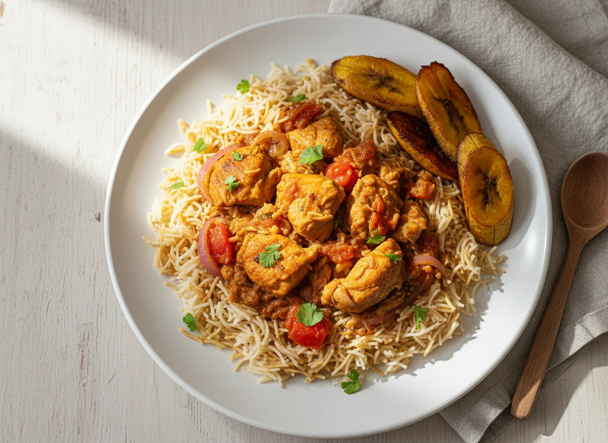 Arroz con pollo y plátano cocido photo