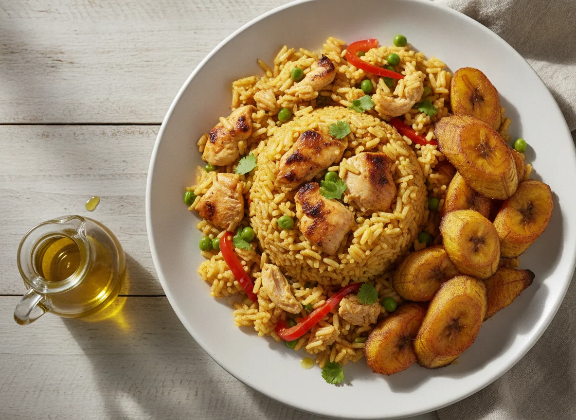 Arroz con pollo y plátano frito photo
