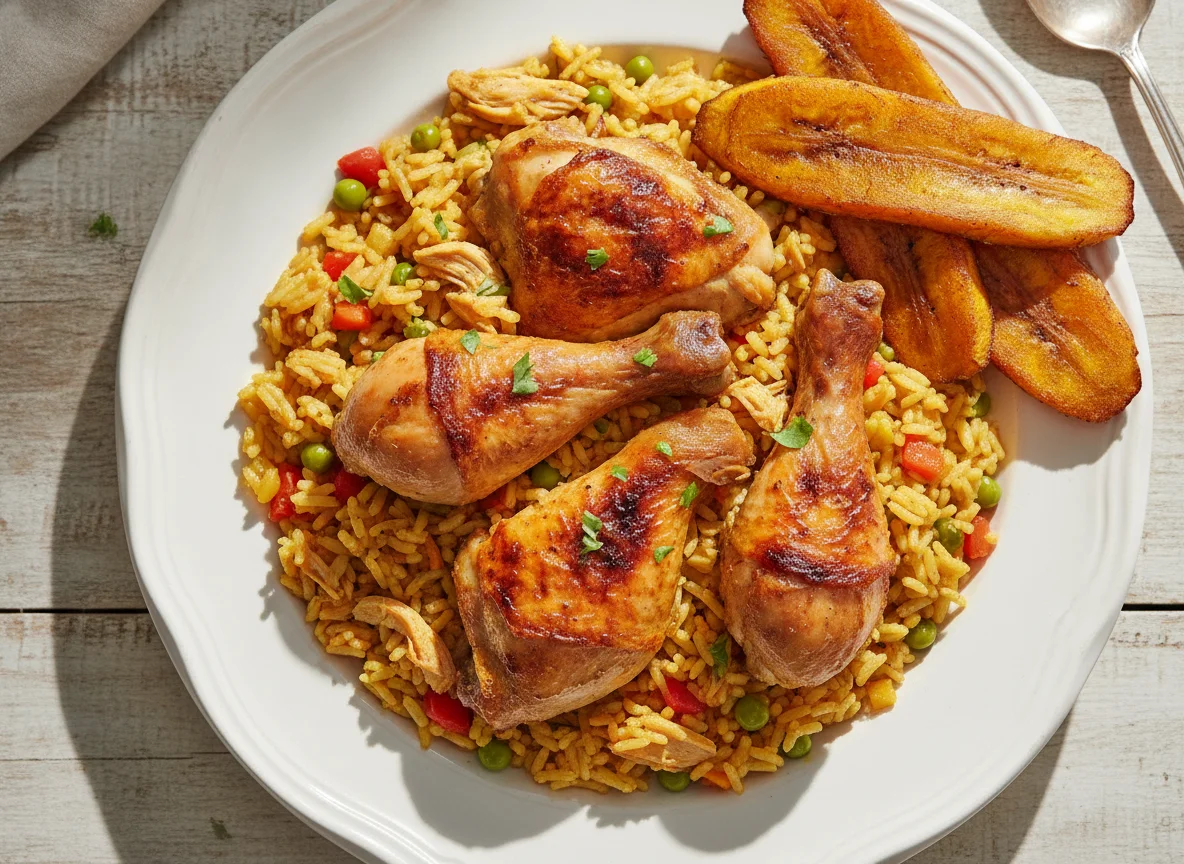 Arroz con pollo y plátano maduro photo