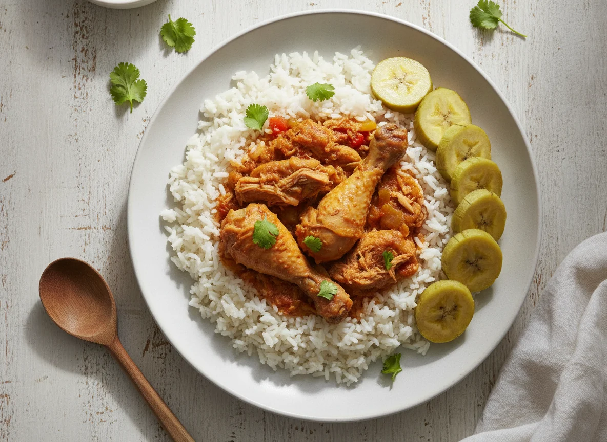 Arroz con pollo y plátano verde photo