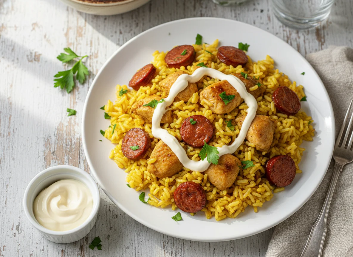 Arroz con pollo y salchichas photo