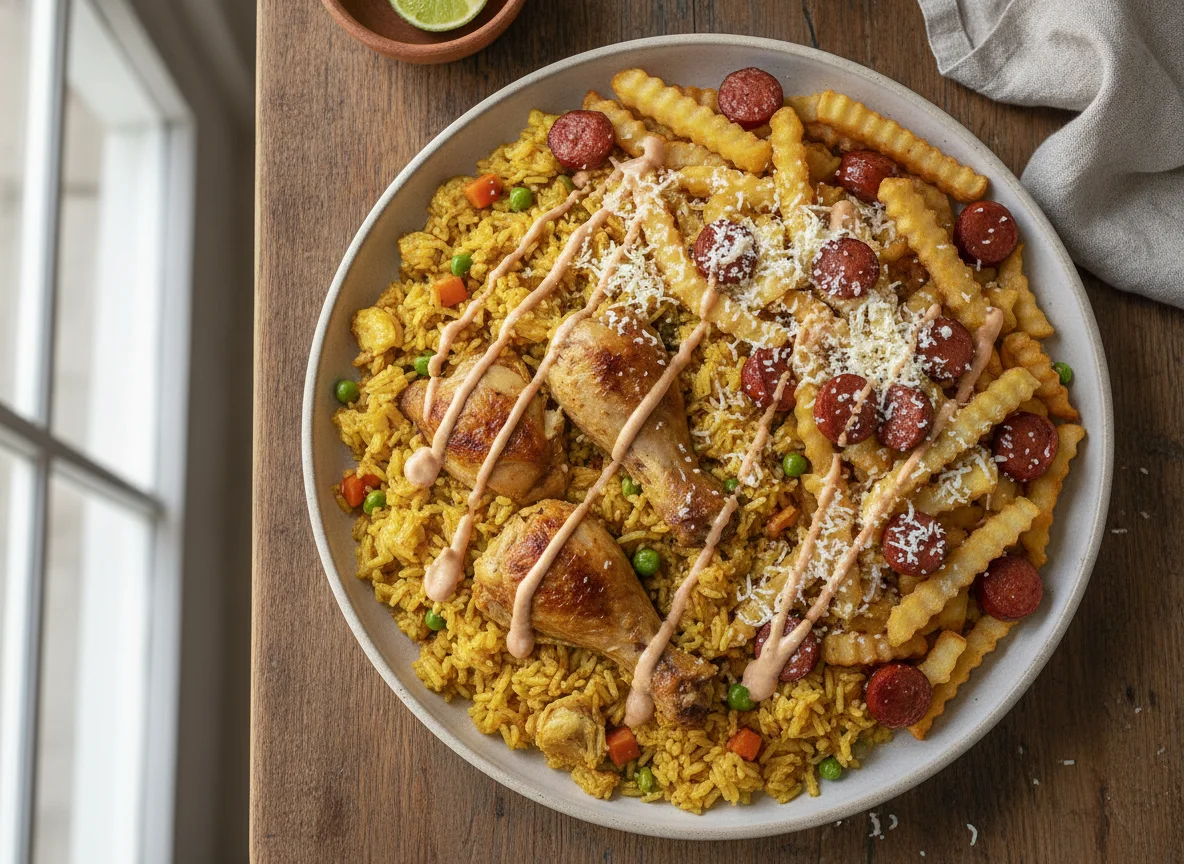 Arroz con pollo y salchipapas con queso photo