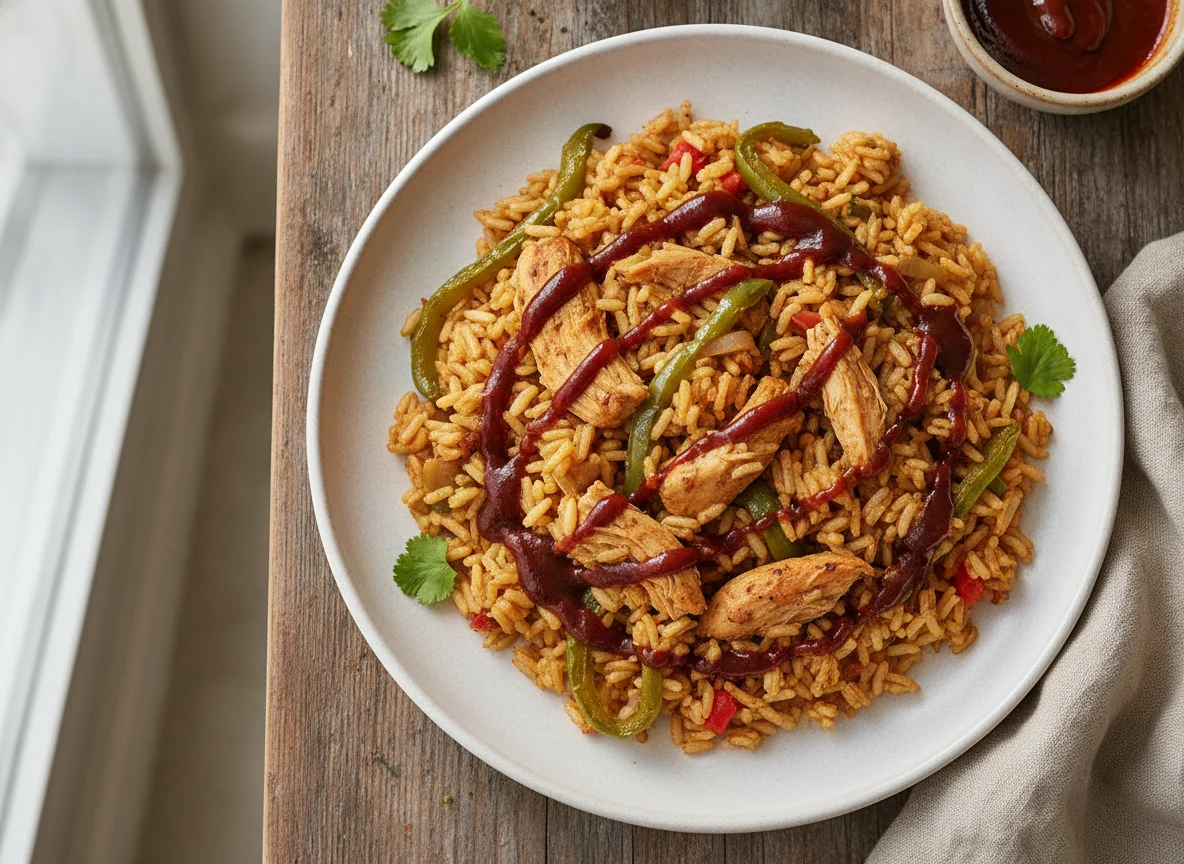 Arroz con pollo y salsa barbacoa photo