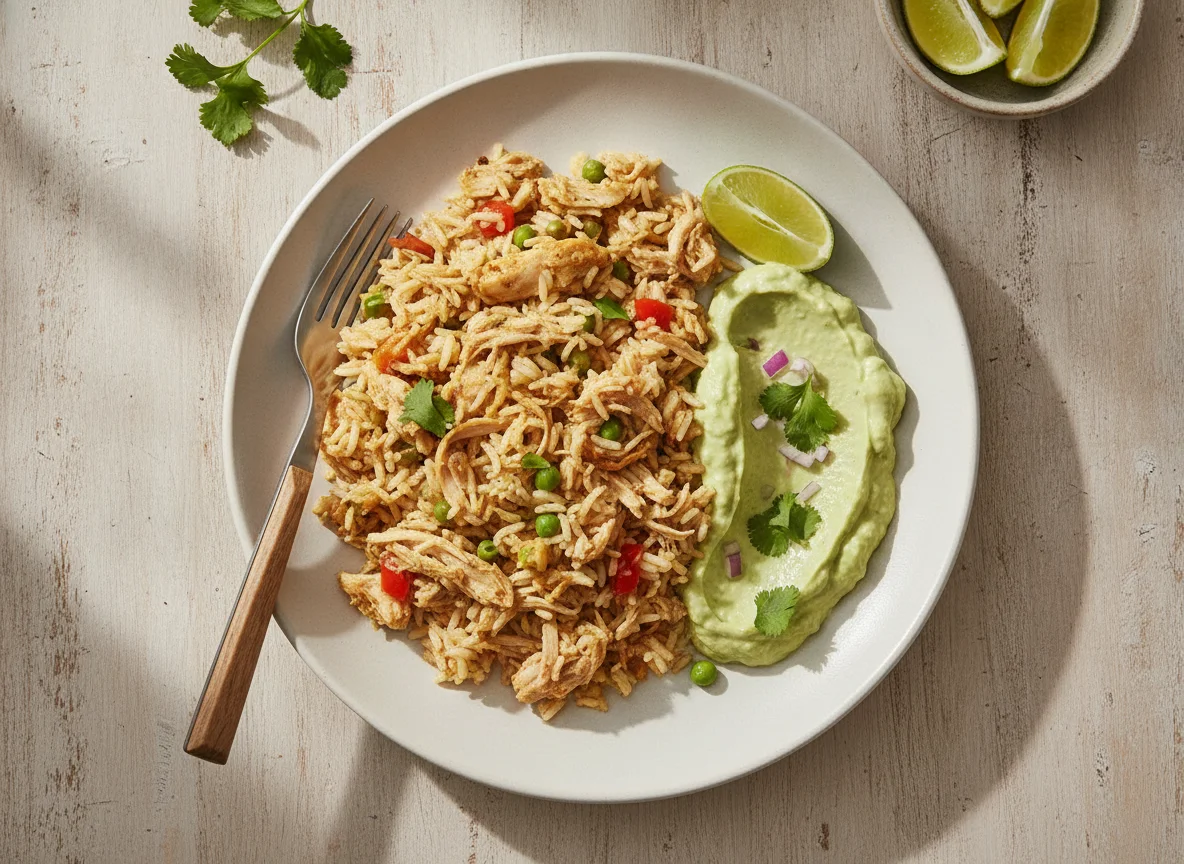 Arroz con pollo y salsa de aguacate photo