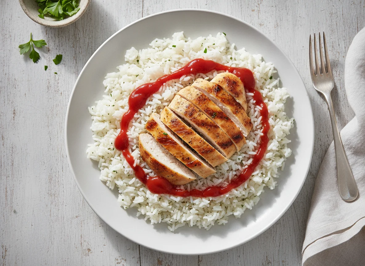 Arroz con pollo y salsa de tomate photo