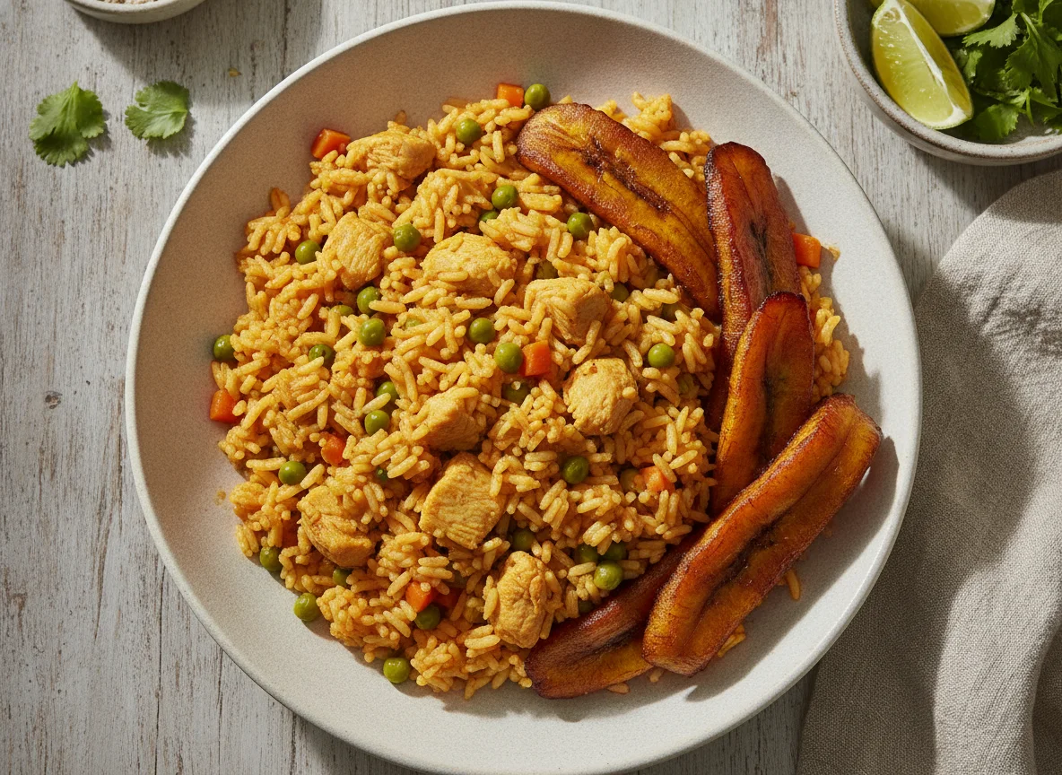 Arroz con pollo y tajada de plátano maduro photo