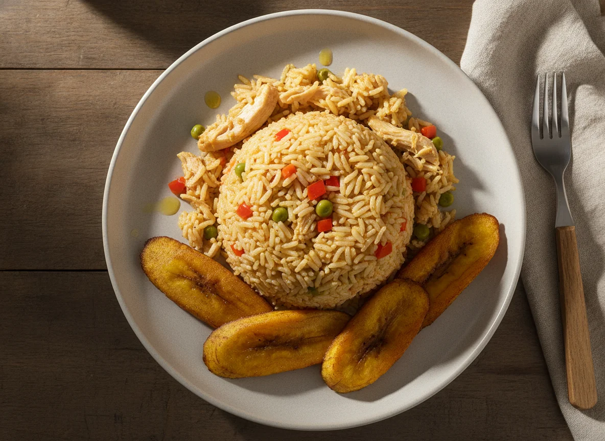 Arroz con pollo y tajadas de plátano maduro photo