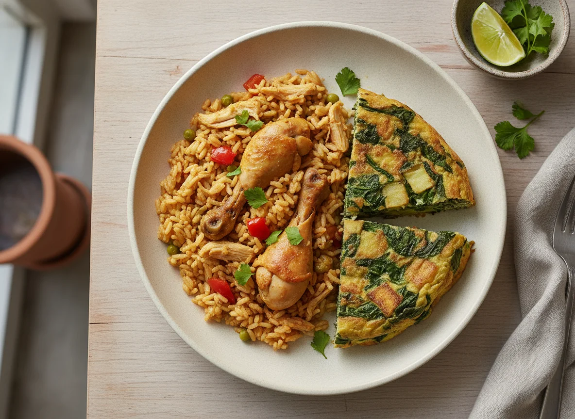 Arroz con pollo y tortilla de espinaca photo