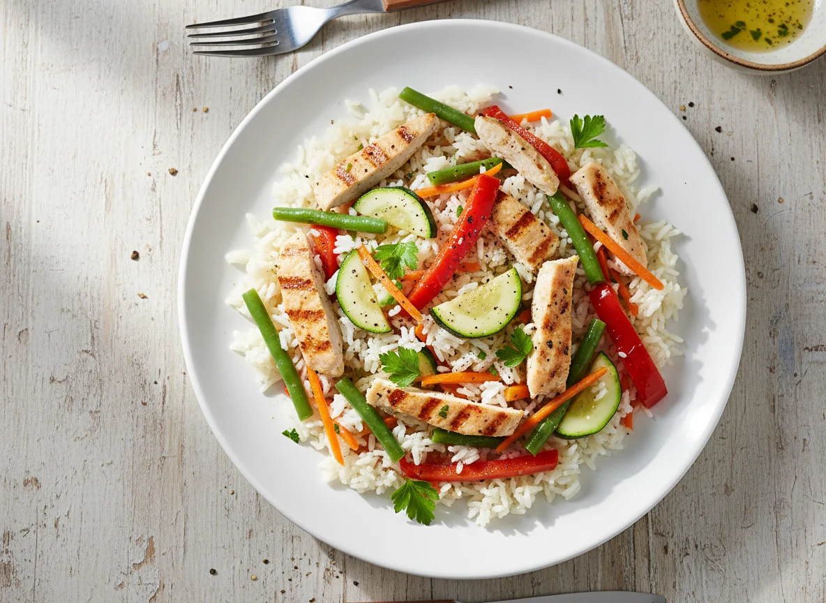 Arroz con pollo y vegetales photo