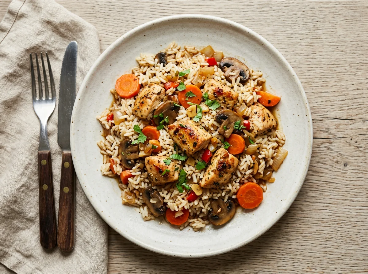 Arroz con pollo y vegetales salteados photo