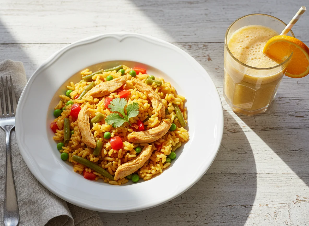 Arroz con pollo y verduras con batido de frutas photo