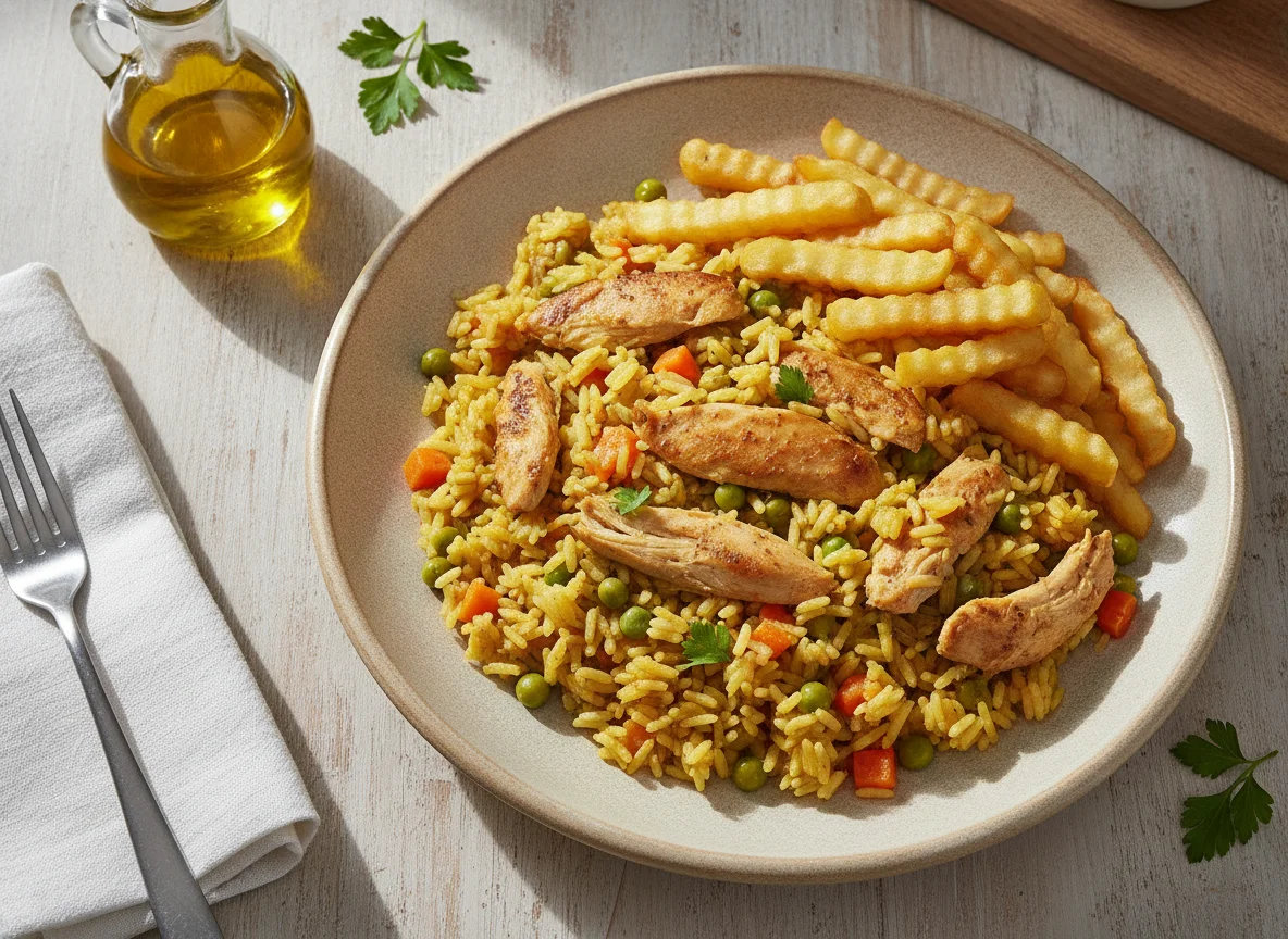 Arroz con pollo y verduras con patatas fritas photo