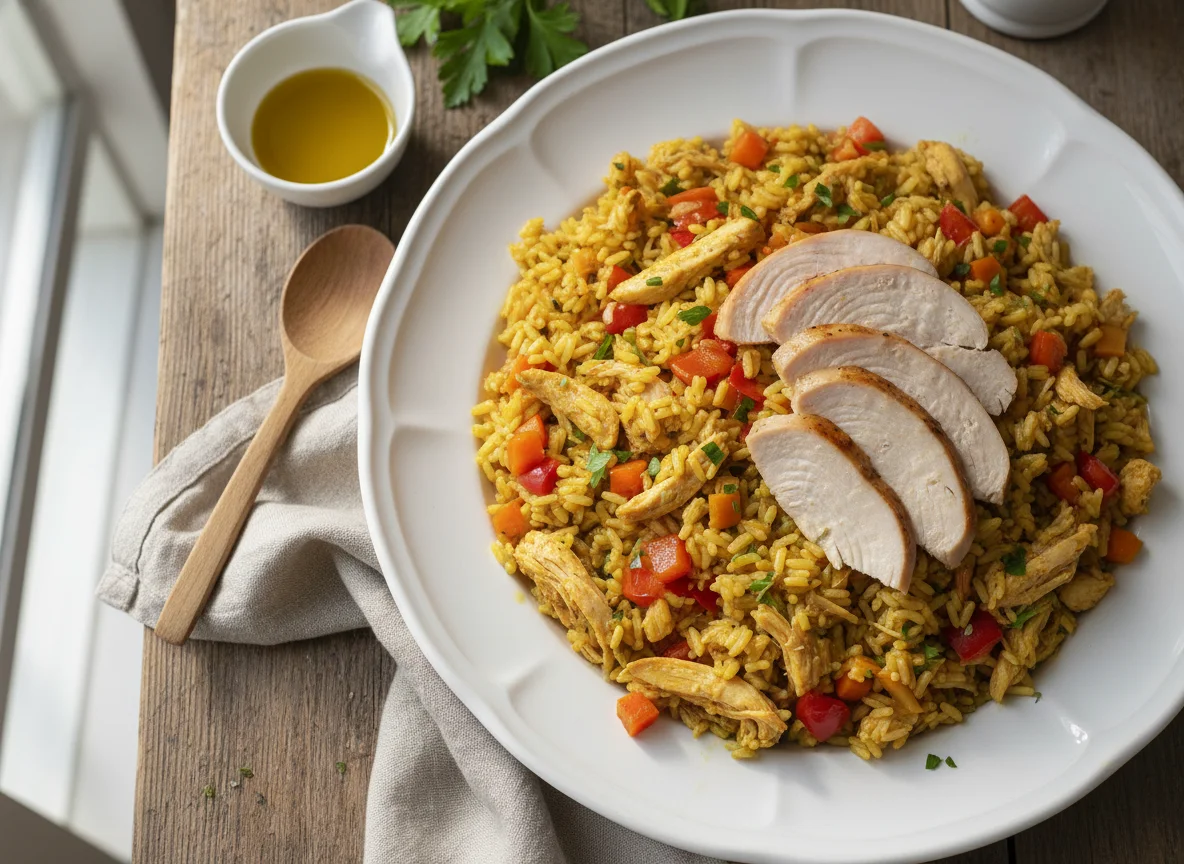 Arroz con pollo y verduras con pechuga de pavo photo