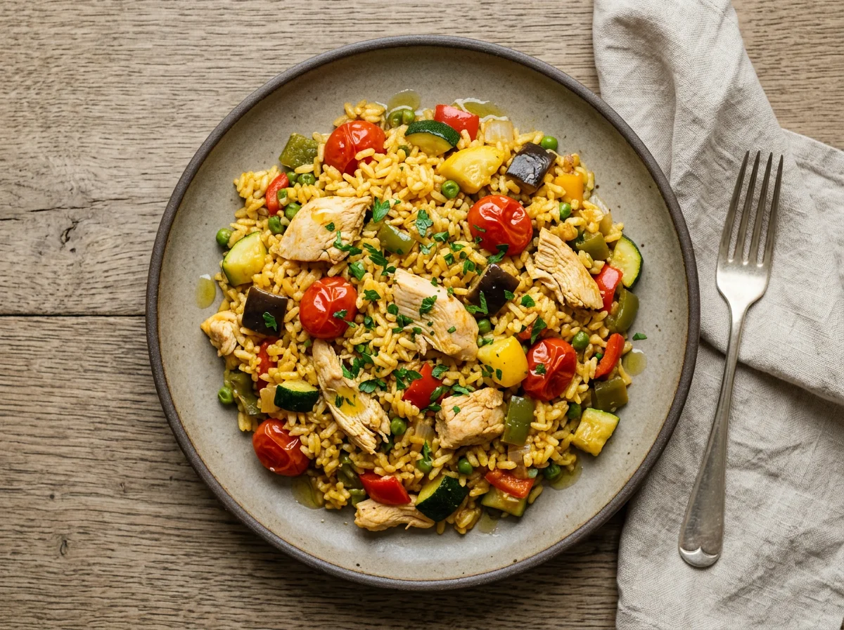 Arroz con pollo y verduras photo