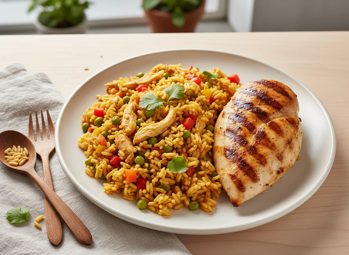 Arroz con pollo y verduras y pechuga de pollo a la plancha photo