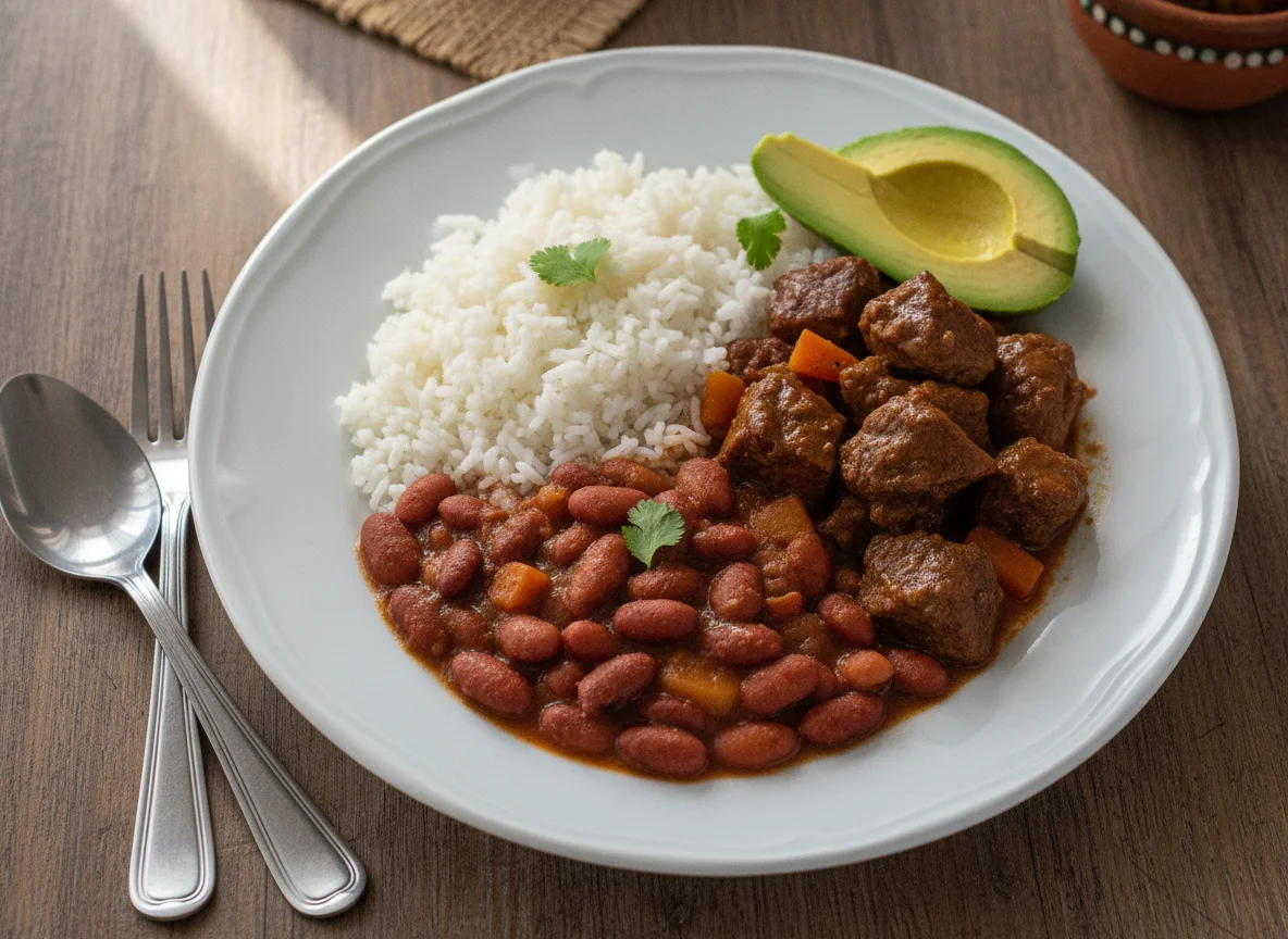 Arroz con porotos, carne guisada y aguacate photo