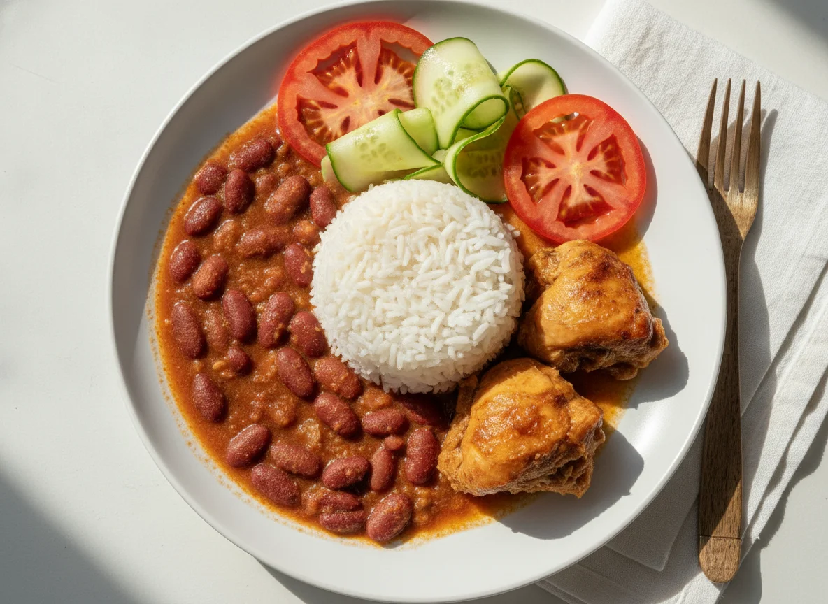 Arroz con porotos, pollo y ensalada photo