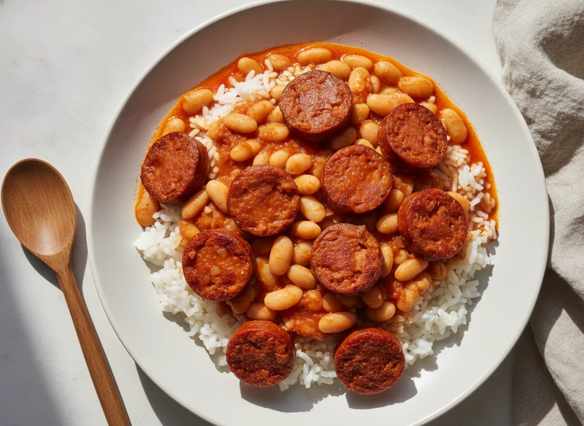 Arroz con porotos y chorizo photo