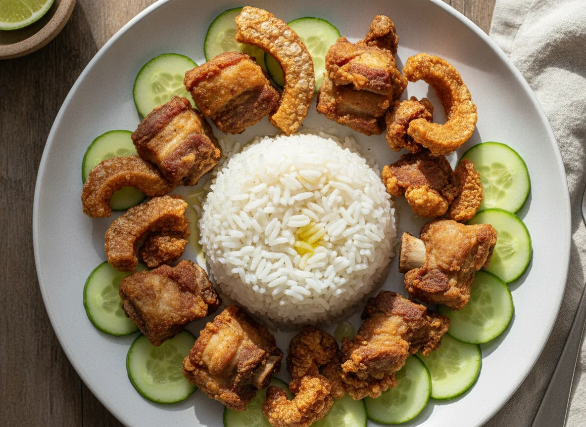 Arroz con puerco frito y pepino photo