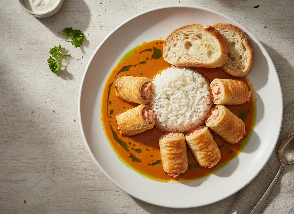 Arroz con rollitos crujientes y salsa de marisco photo