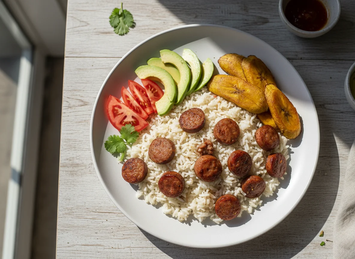 Arroz con salchicha y aguacate photo