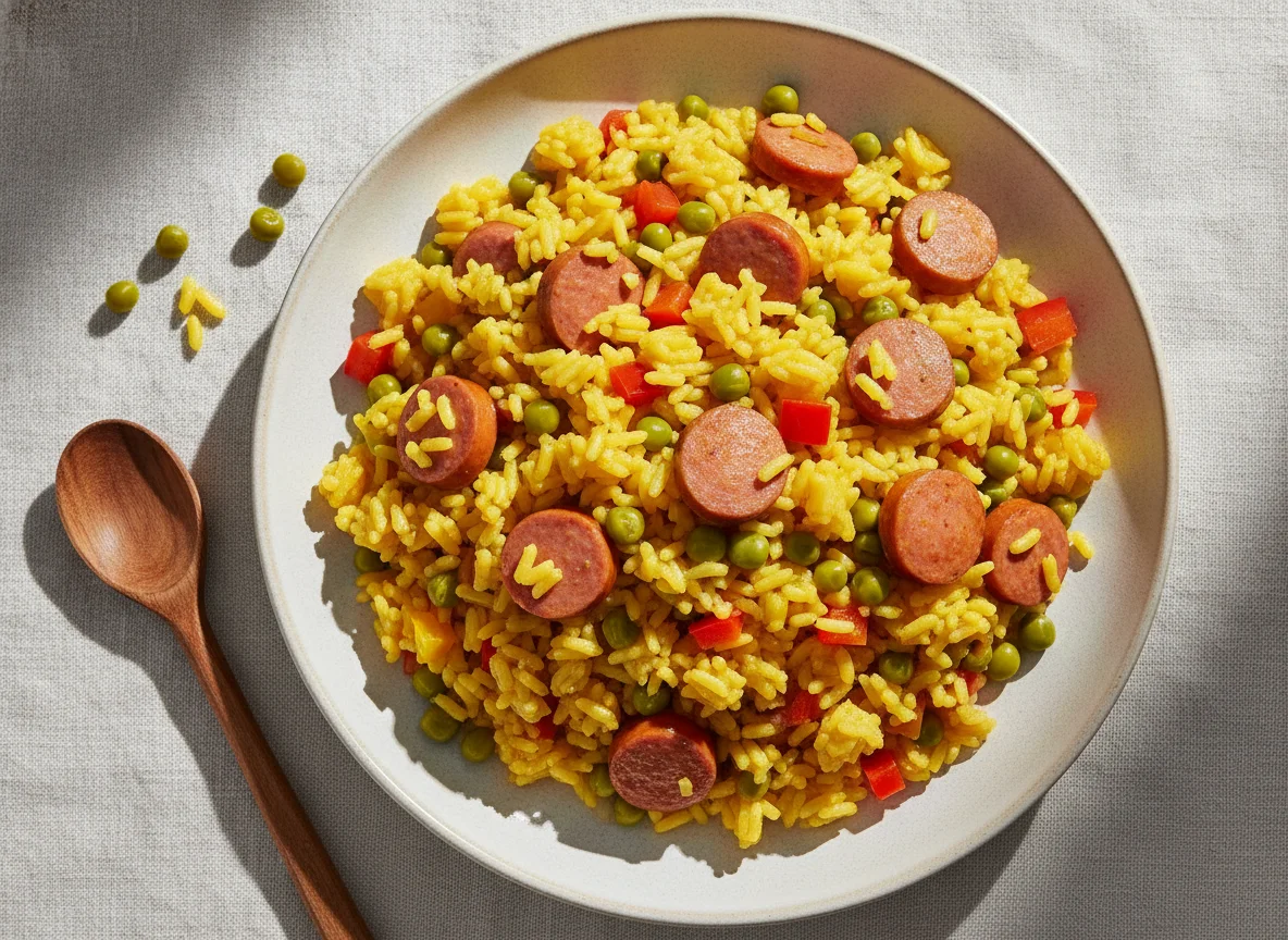 Arroz con salchicha y arvejas photo