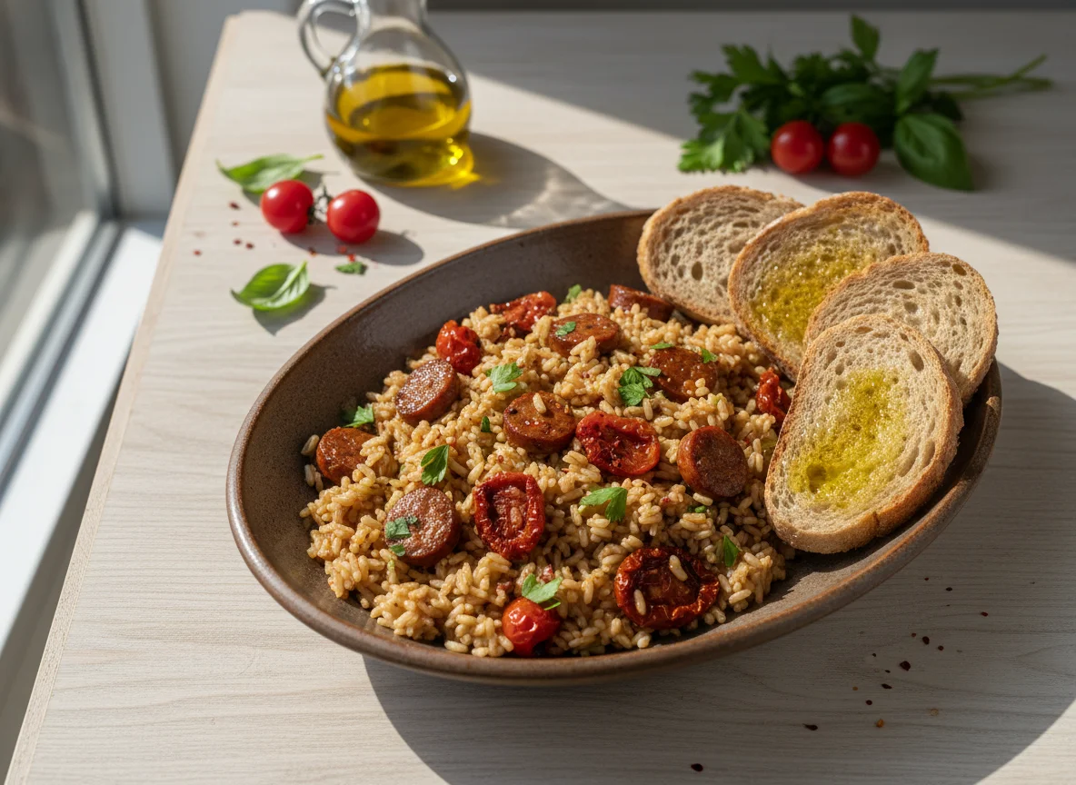 Arroz con salchicha y tomate photo
