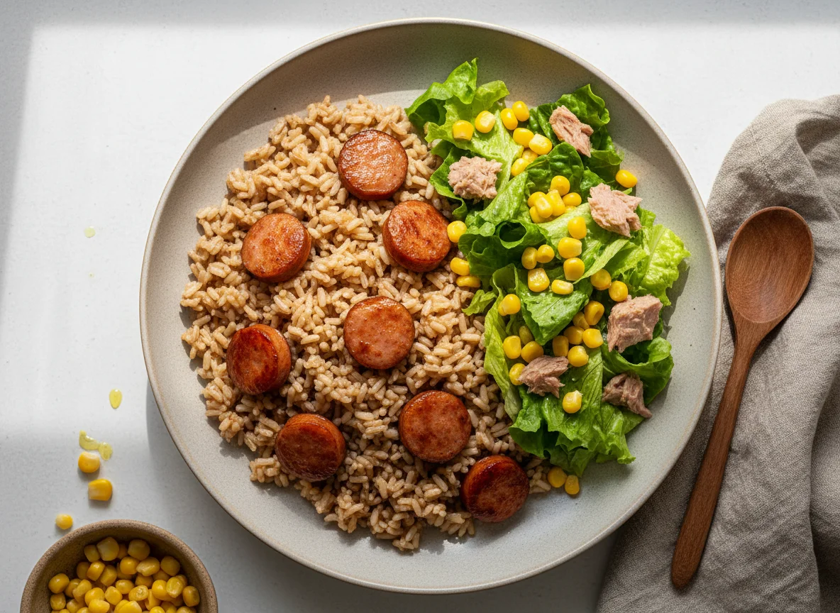 Arroz con salchichas y ensalada photo