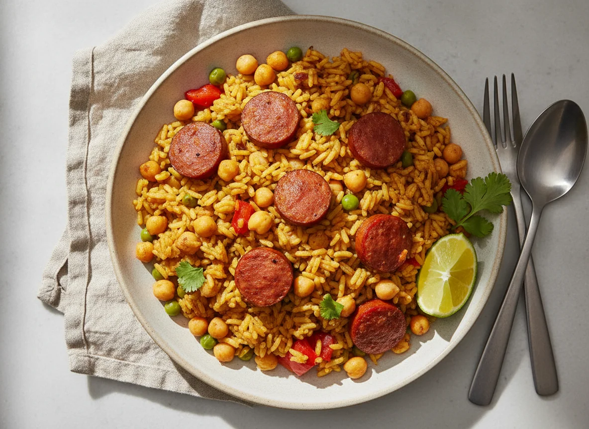 Arroz con salchichas y garbanzos photo