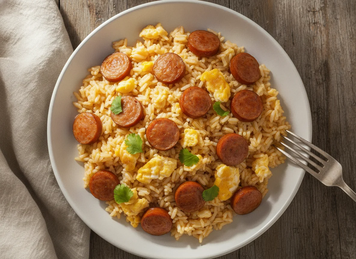 Arroz con salchichas y huevo revuelto photo