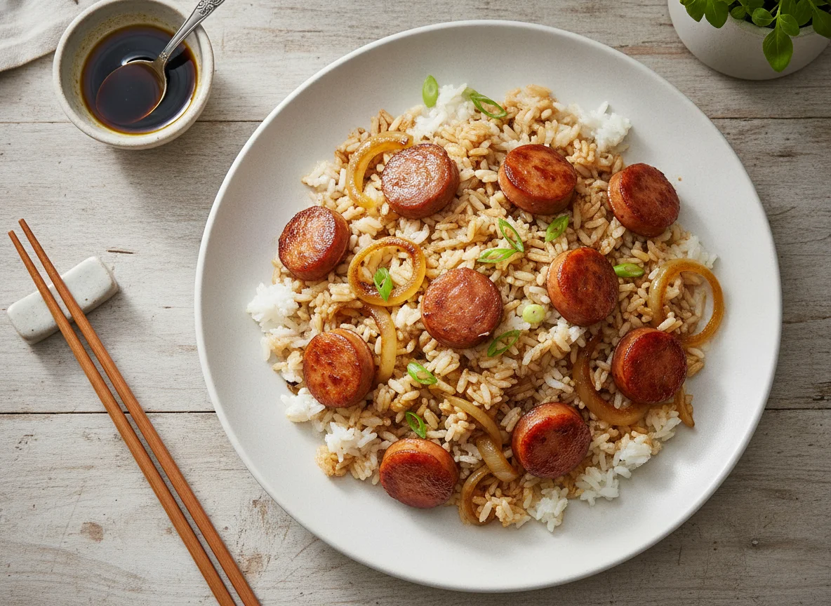 Arroz con salchichas y salsa de soja photo