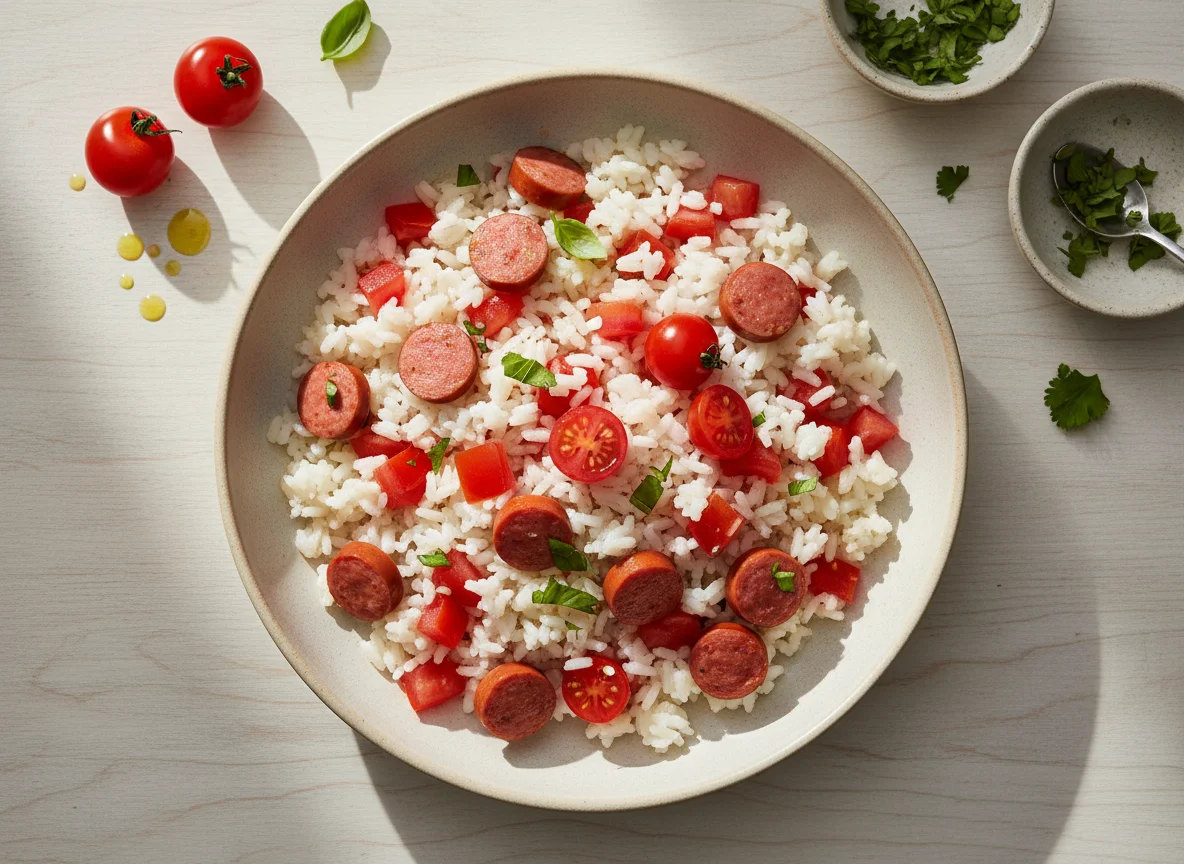 Arroz con salchichas y tomate photo