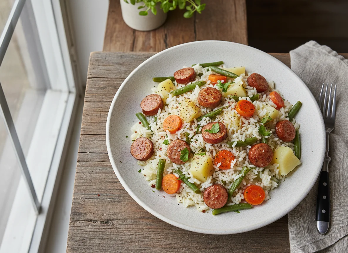 Arroz con salchichas y verduras photo