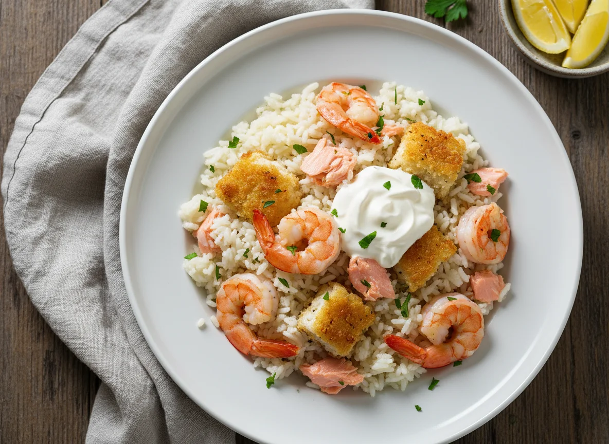 Arroz con salmón, gambas y merluza photo