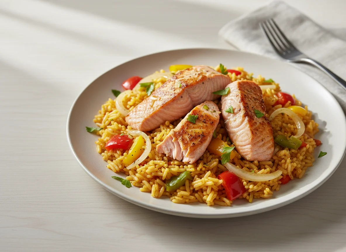 Arroz con salmón y vegetales photo