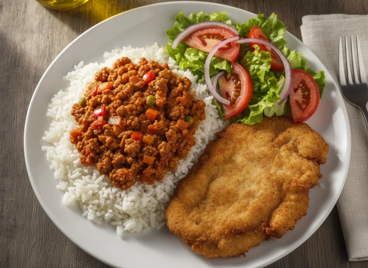 Arroz con salsa de carne, ensalada y milanesa de pollo photo