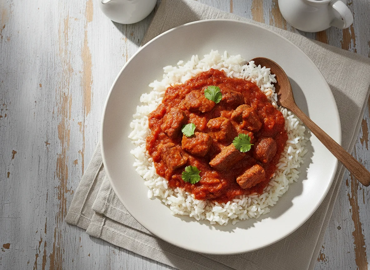 Arroz con salsa de tomate y carne photo