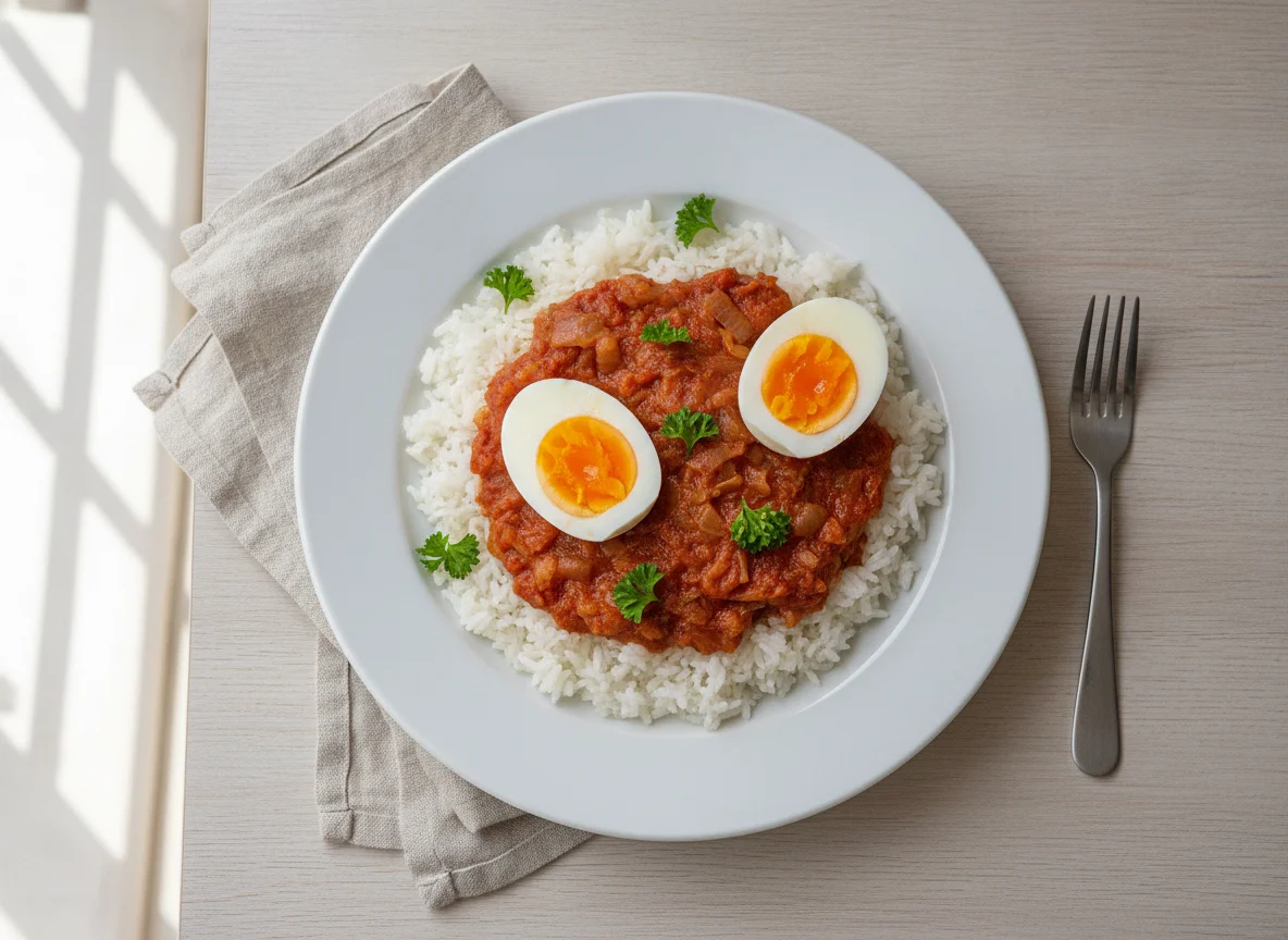 Arroz con salsa de tomate y huevo duro photo